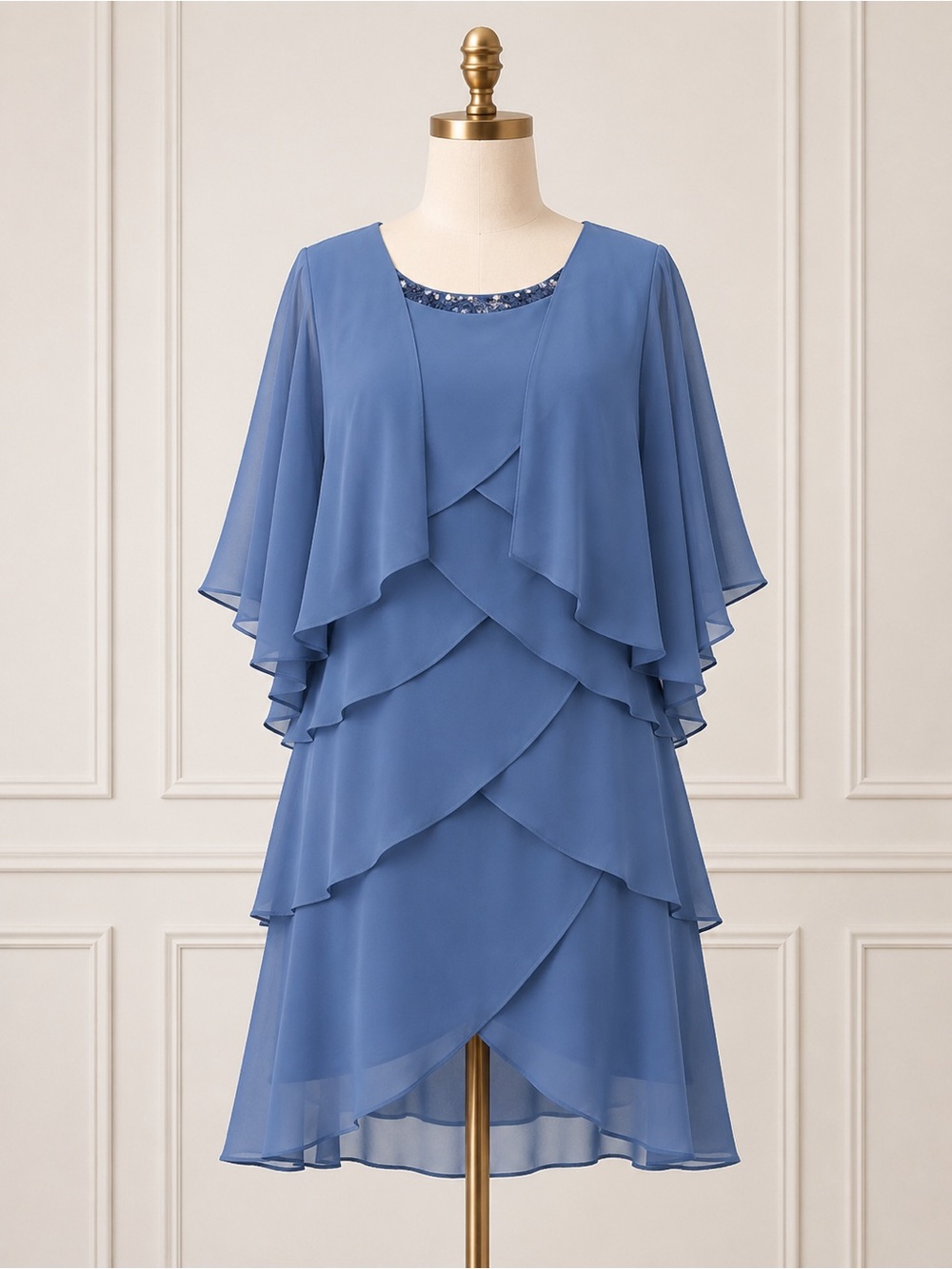 SL Fashions Tiered Chiffon Capelet Dress Wedgewood Size 8P